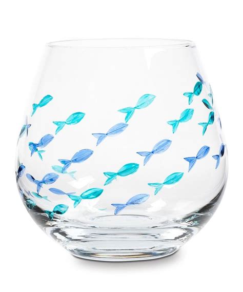 Blu/Grn Fish Stemless Wine Glass.